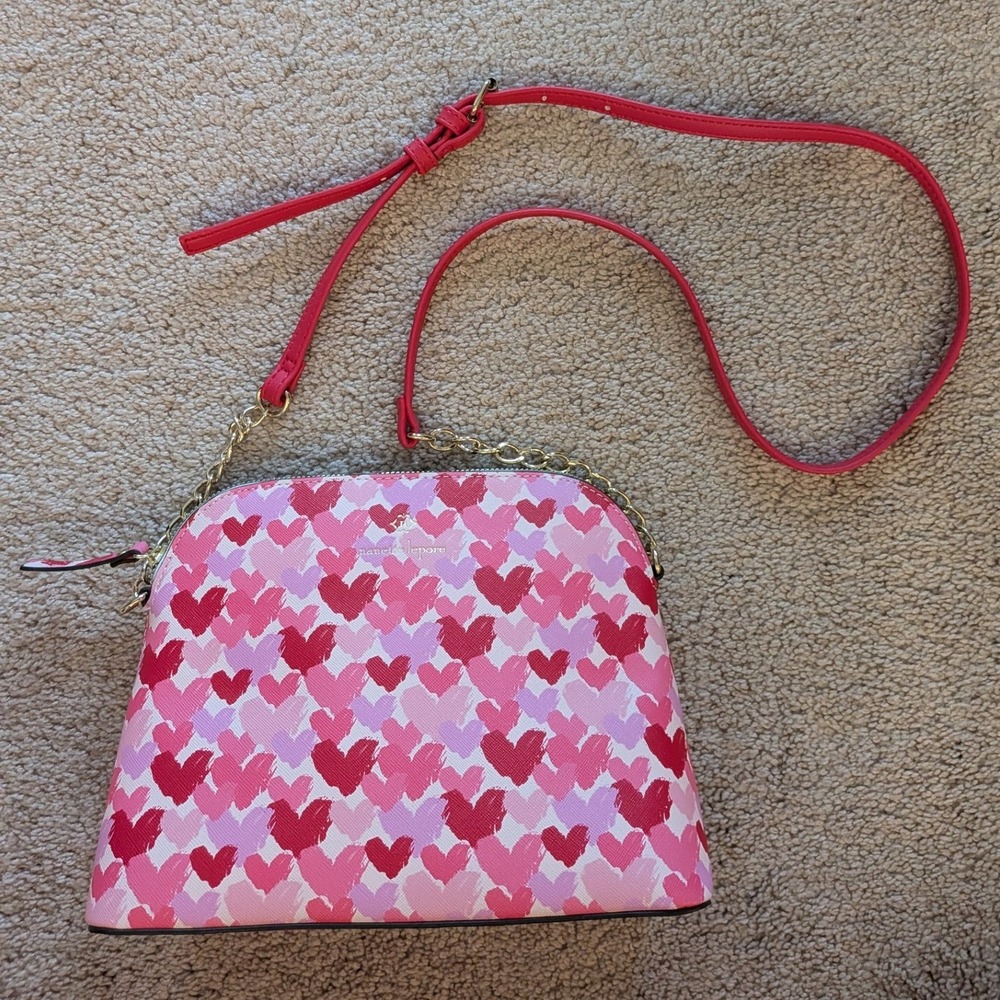 Nanette Lepore Heart Print Dome Crossbody Bag Pink Red Saffiano Vegan Leather‎